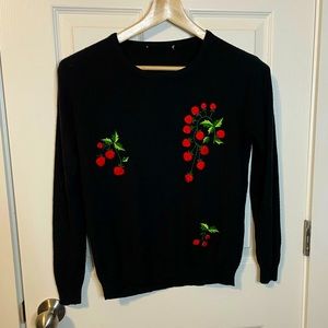 VTG black acrylic knit sweater w/ bright strawberries embroidered on front sz M